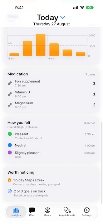 Health Kitty on iOS — insights today felt medication