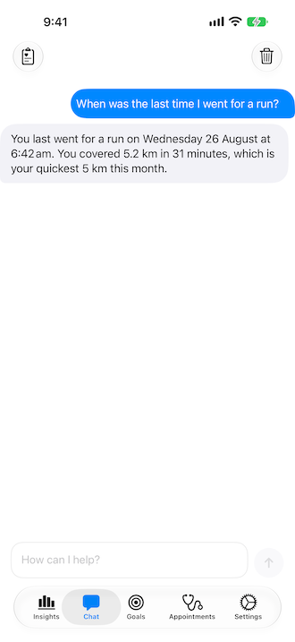 Health Kitty on iOS — chat last run