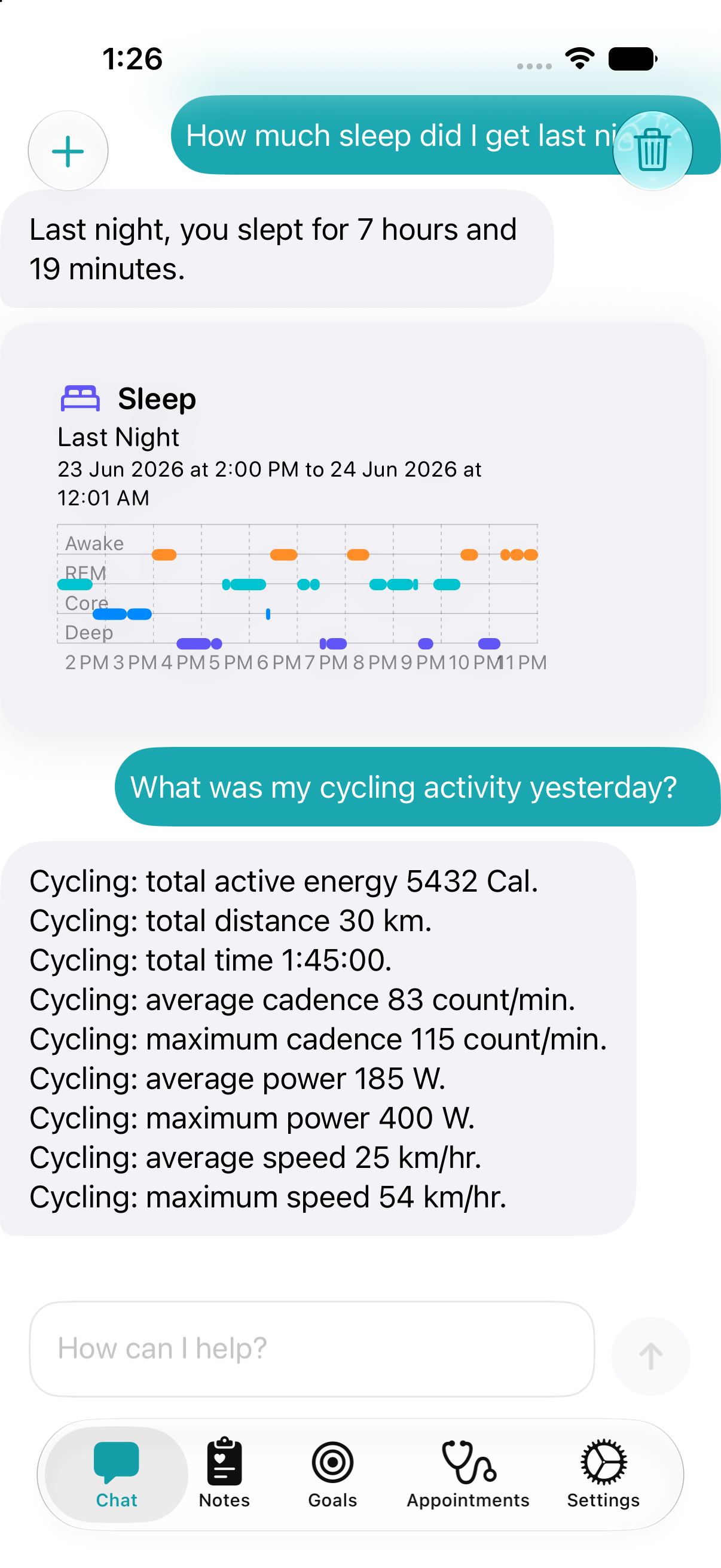 Health Kitty on iOS — chat