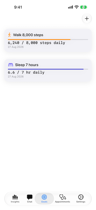 Health Kitty on iOS — goals progress